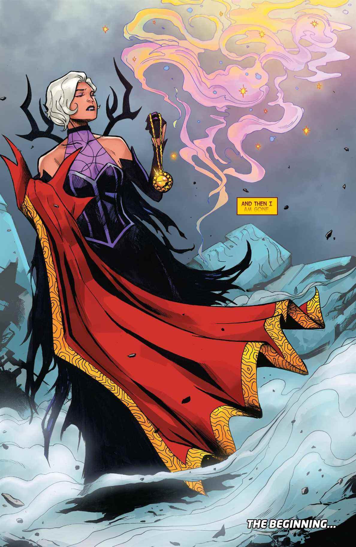 La sorcière Clea tient la cape du docteur Strange et l'œil d'Agamotto dans La mort du docteur Strange # 5 (2022). 