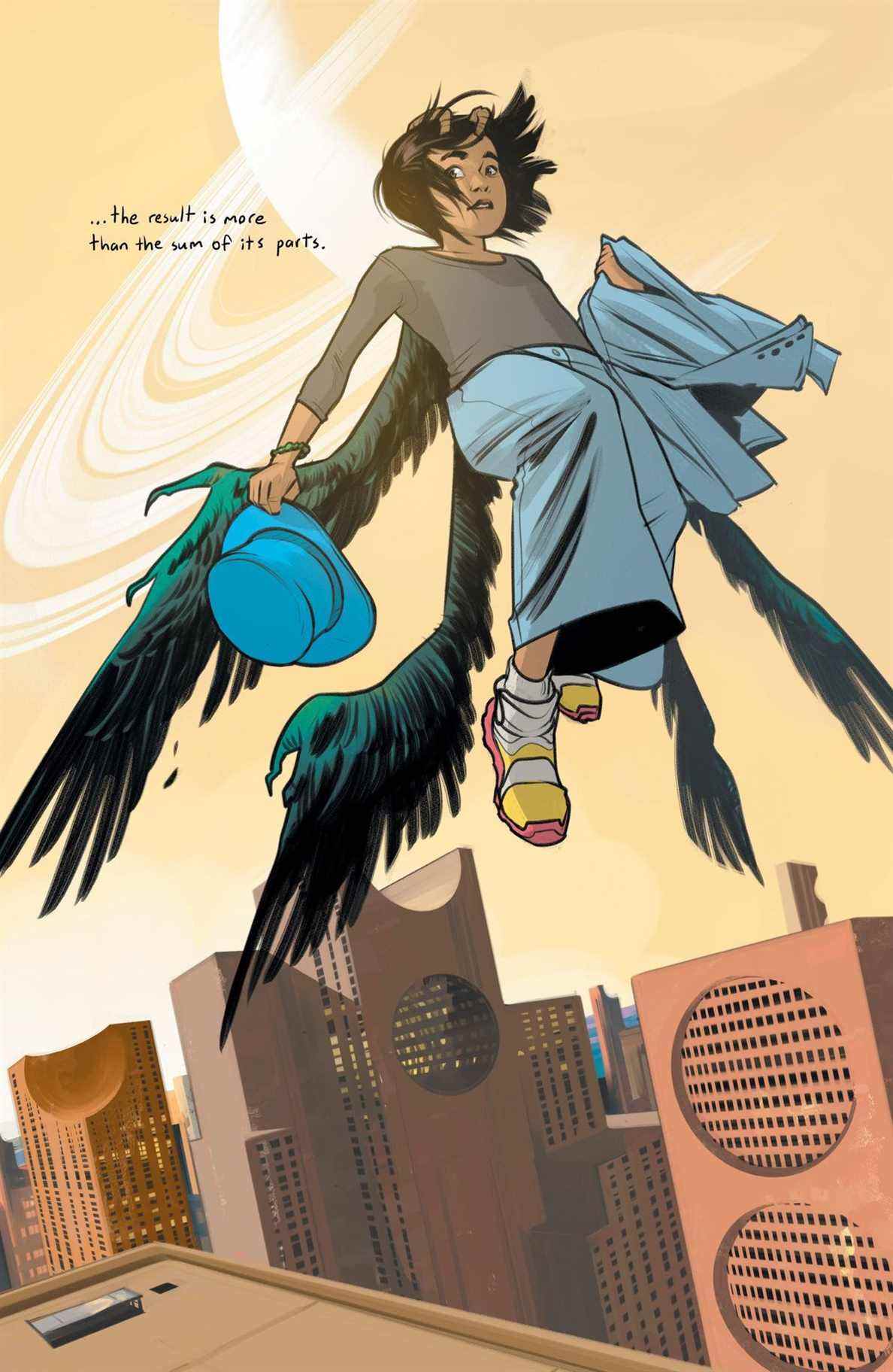 Hazel, avec ses cornes recourbées et ses quatre ailes à plumes, survole un paysage urbain extraterrestre dans un panneau pleine page de Saga #55 (2022). 