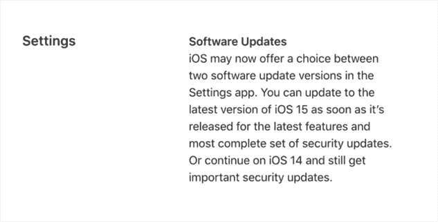La page des fonctionnalités iOS 15 d'Apple indiquait - et indique toujours - qu'iOS 14 continuera à recevoir des mises à jour de sécurité.  Il ne mentionne pas de calendrier. 