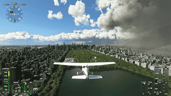 Un petit avion survole Central Park à New York dans Microsoft Flight Simulator.