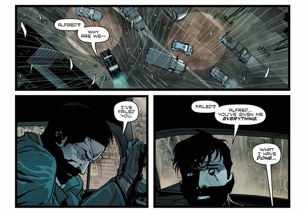 «Je t'ai laissé tomber», dit Alfred à un jeune Bruce Wayne choqué, penché sur un volant, après avoir arrêté la voiture alors qu'il était submergé par l'émotion dans Batman: The Knight # 1 (2022). 