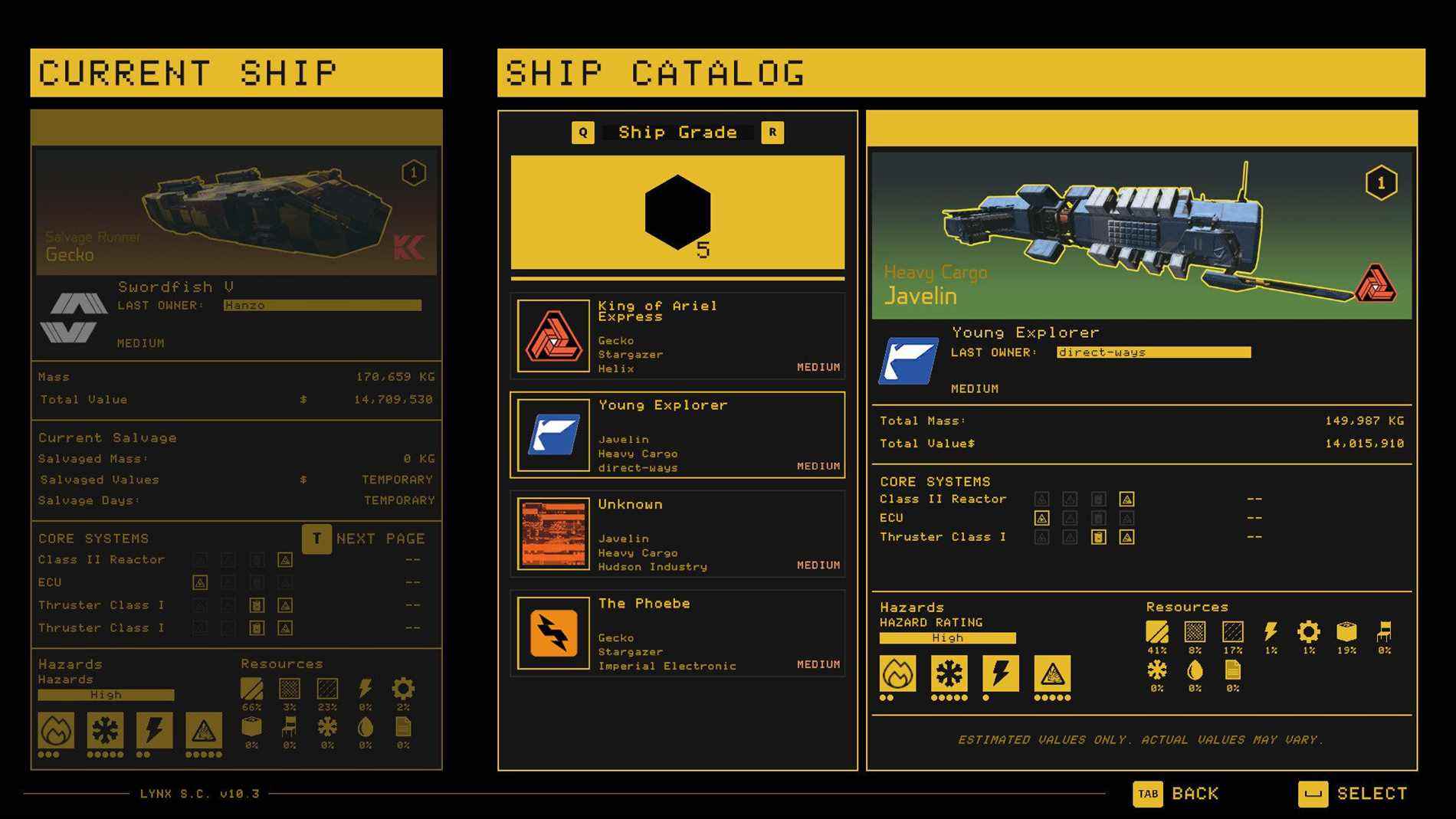 Hardspace : capture d'écran du catalogue de navires Shipbreaker