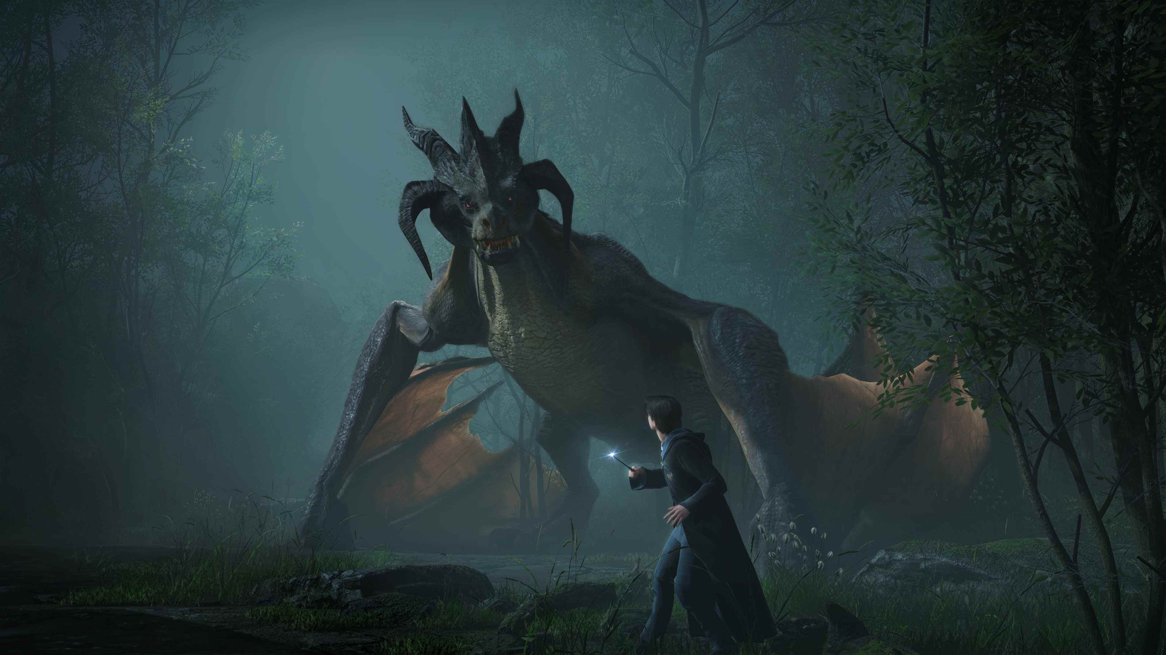 Une image tirée de la bande-annonce de Hogwarts Legacy montrant un dragon