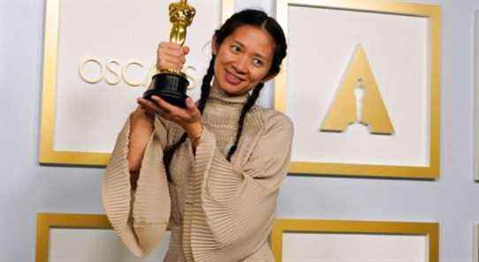 Director/Producer Chloe Zhao, winner of the award for best picture for "Nomadland," poses in the press room at the Oscars on Sunday, April 25, 2021, at Union Station in Los Angeles. (AP Photo/Chris Pizzello, Pool)