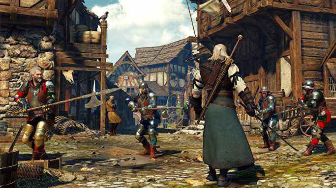 Geralt se prépare à combattre des gardes dans une capture d'écran de The Witcher 3: Wild Hunt.