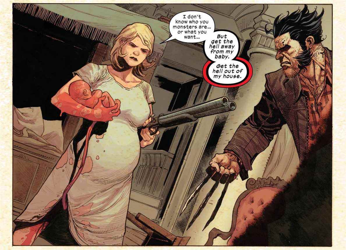La mère du professeur Xavier tient un fusil de chasse sur Wolverine d'une main et son fils nouveau-né de l'autre, le cordon ombilical s'échappant de son corps sous sa chemise de nuit alors qu'elle dit « Foutez le camp de ma maison », dans X Lives of Wolverine #1 (2022 ). 