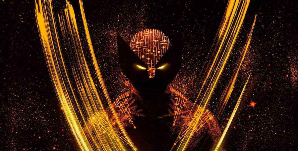 Wolverine brille dans l'obscurité, son costume recouvert de formes de circuits imprimés, sur la couverture de X Deaths of Wolverine #1 (2022). 