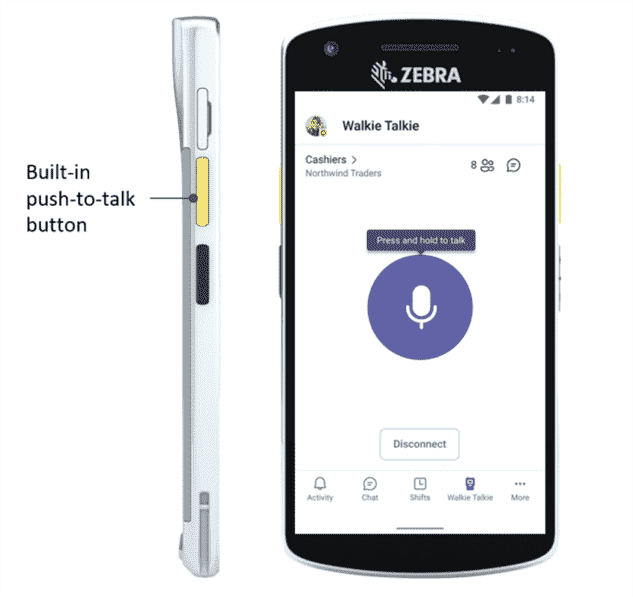 Si vous n'avez pas d'appareil Zebra, vous pouvez toucher une icône sur l'application Teams pour parler à quelqu'un. 