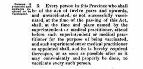 Détail d'une loi de 1886 à l'Île-du-Prince-Édouard rendant obligatoire la vaccination contre la variole pour tous les résidents âgés de plus de 12 ans. Ceux qui refusaient de se faire vacciner s'exposaient à une amende de cinq dollars.