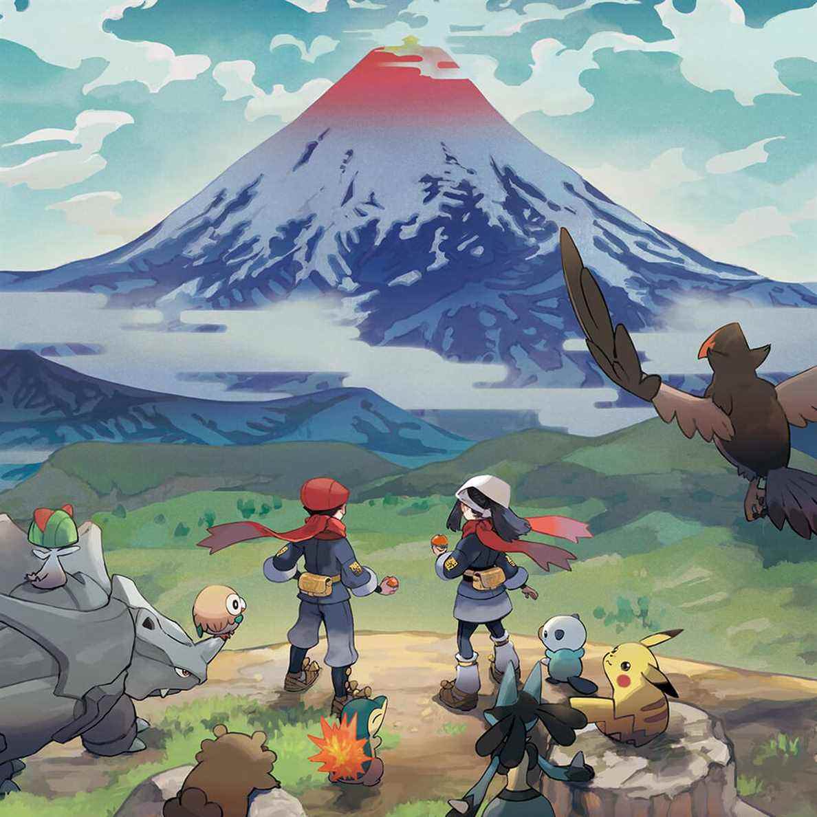 Oeuvre d'entraîneurs et de Pokémon surplombant la région d'Hisui de Pokémon Legends : Arceus