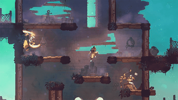 Une capture d'écran du jeu Dead Cells.  Le joueur saute actuellement à travers des plates-formes dans un navire sous-marin, entouré d'ennemis.