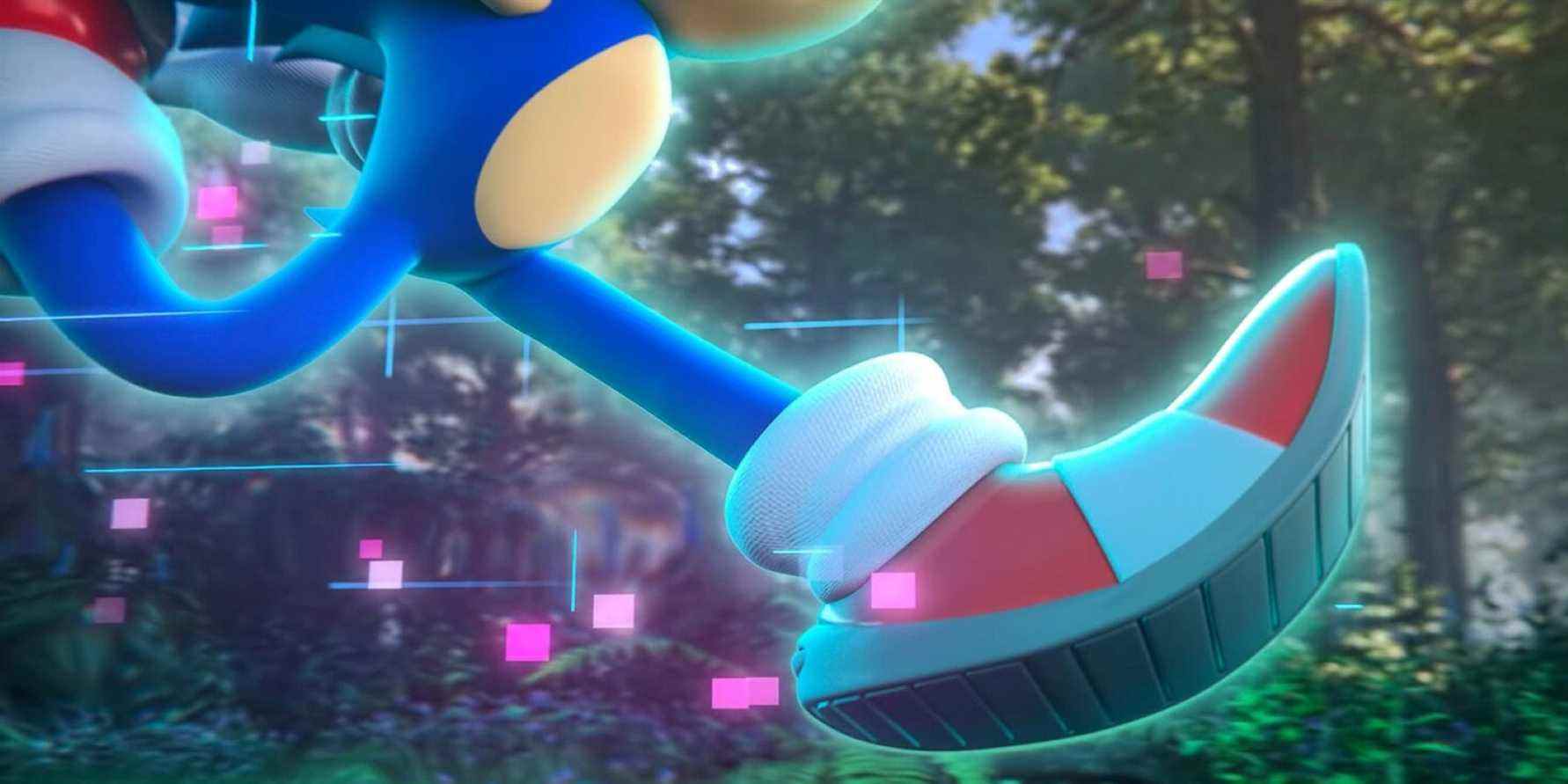 Un gros plan du teaser de Sonic Frontiers montrant Sonic traversant une forêt avec des effets numériques bleus et roses