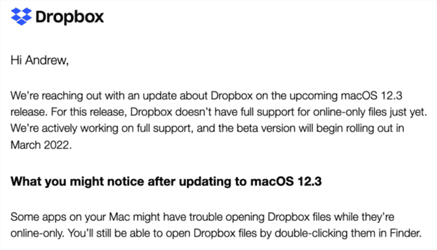 L'e-mail d'avertissement que Dropbox a envoyé aux utilisateurs de Mac plus tôt cette semaine.