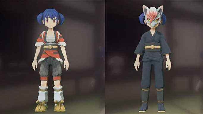 Pokemon Legends : personnages d'Arceus, l'un portant l'ensemble de kimono Hisuian Growlithe et l'autre portant le masque funeste