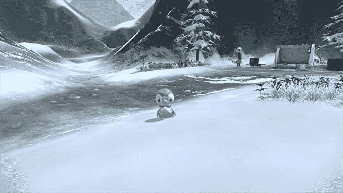 Tiplouf était assis dans la neige dans un camp de Pokemon Legends : Arceus
