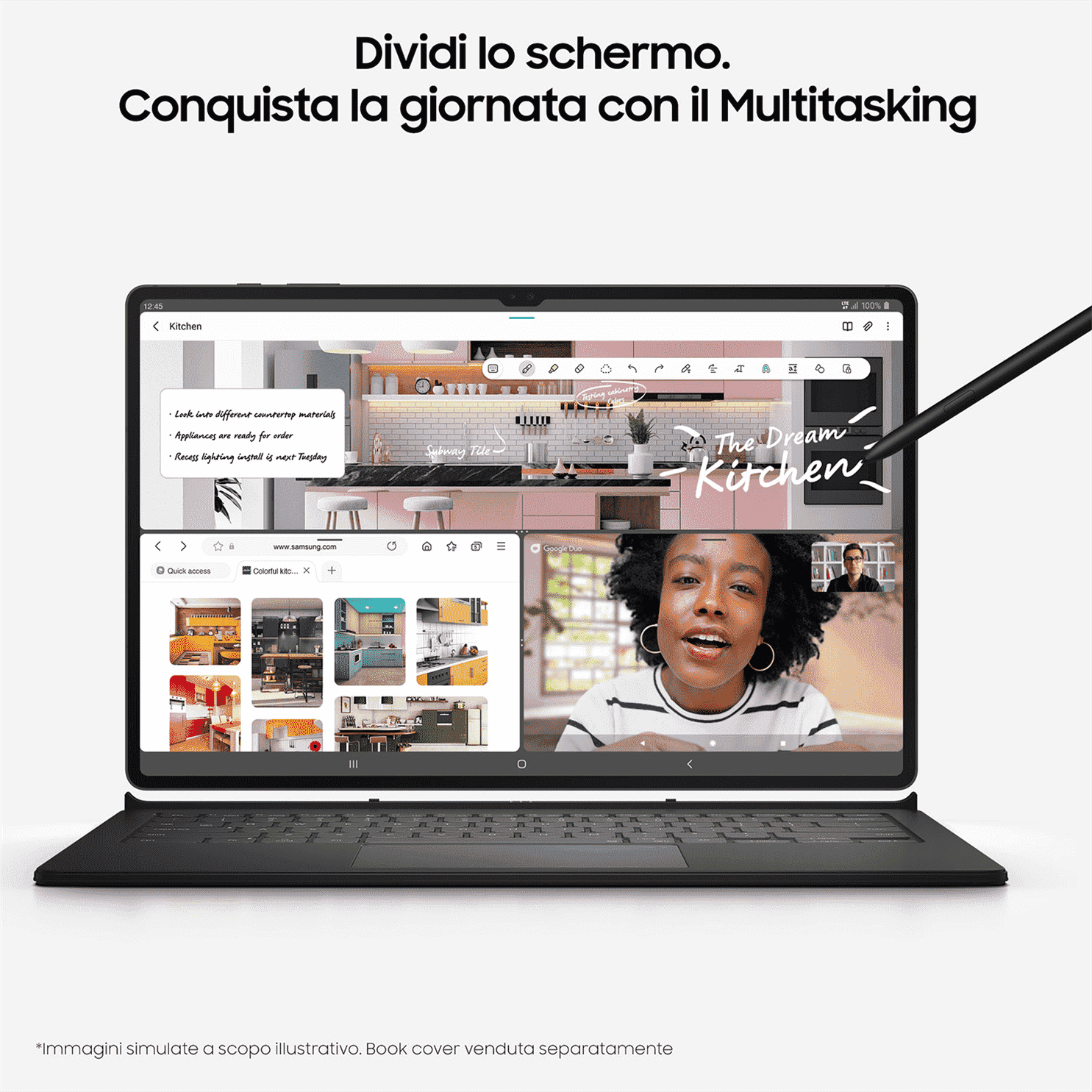 Un morceau de matériel promotionnel divulgué pour le Samsung Galaxy Tab S8 Ultra, montrant la tablette avec un stylet S Pen et une couverture de clavier avec un trackpad.