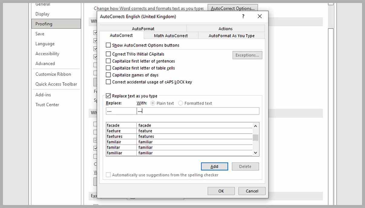 Capture d'écran du menu des paramètres de raccourcis clavier personnalisés dans Microsoft Word