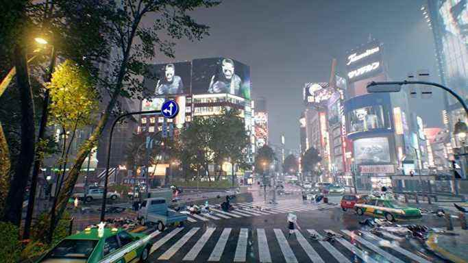 Une capture d'écran PR de Ghostwire: Tokyo montrant le carrefour de Shibuya maintenant vide de toute personne, avec seulement quelques piles de vêtements pour suggérer où ils auraient pu être.