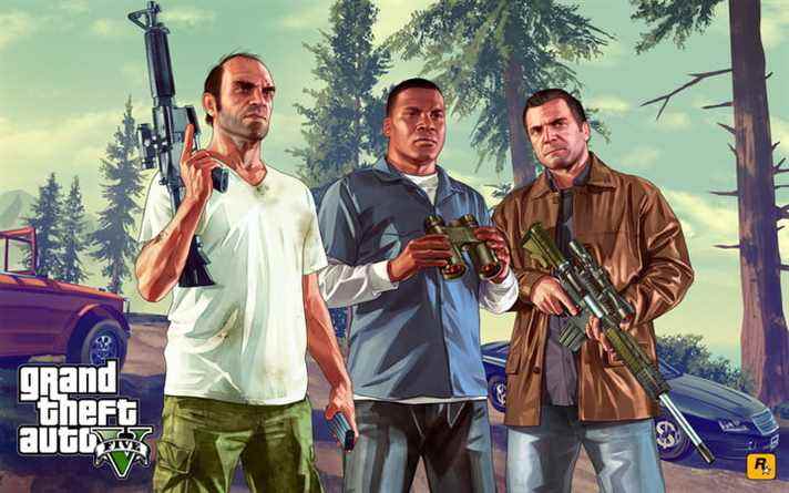 De gauche à droite, Trevor, Franklin et Michael se préparent à chasser quelqu'un dans les forêts à l'extérieur de Los Santos.