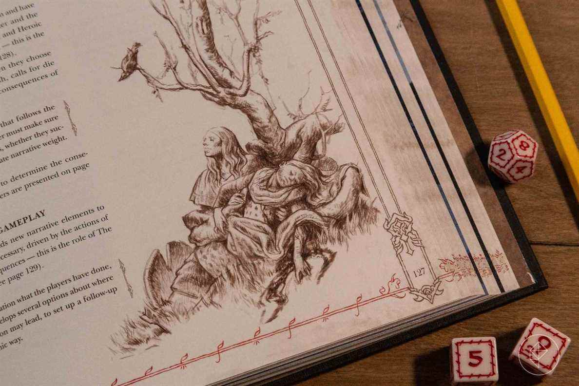 Une illustration intérieure d'un elfe réconfortant un humain mourant sous un arbre.