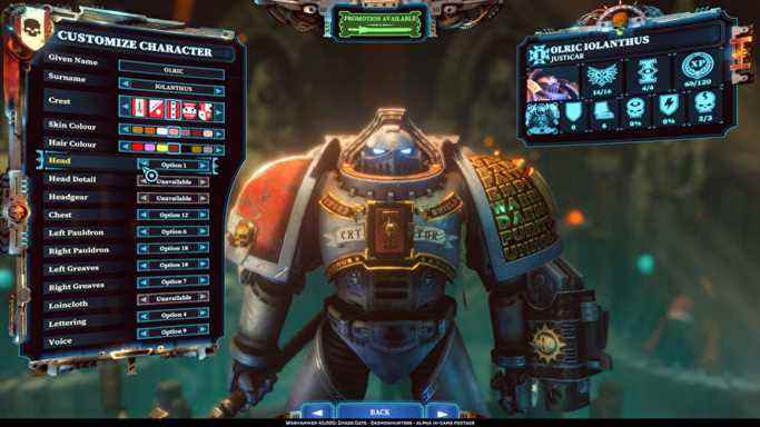 L'écran de personnalisation des personnages space marine dans Warhammer 40K: Chaos Gate - Daemonhunters
