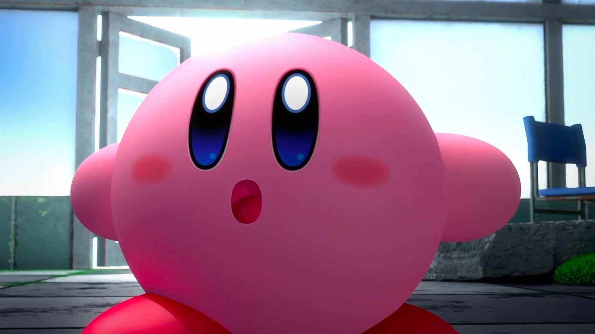 Kirby a l'air choqué dans Kirby et la cité oubliée
