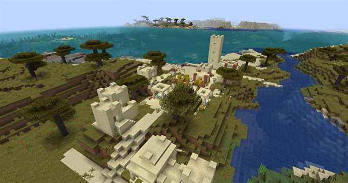 Instantané expérimental de Minecraft 1.18 - un village du désert est apparu dans un biome herbeux au bord de l'océan