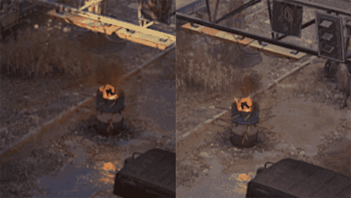 Une image de comparaison montrant un baril brûlant dans Dying Light 2, avant et après une mise à jour DLSS.