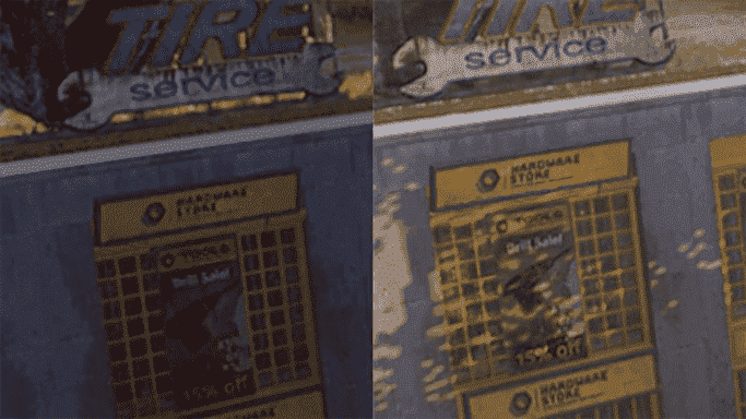 Une image de comparaison montrant une vitrine dans Dying Light 2, avant et après une mise à jour DLSS.