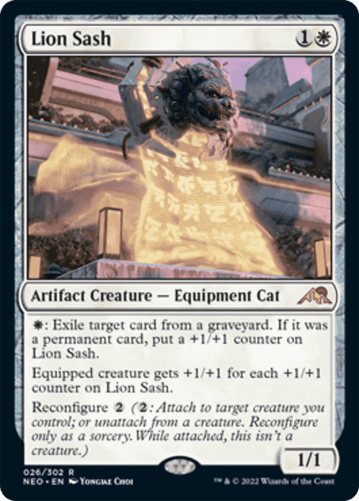 Lion Sash est une créature-artefact et un chat d'équipement doté de capacités intéressantes, notamment la reconfiguration.