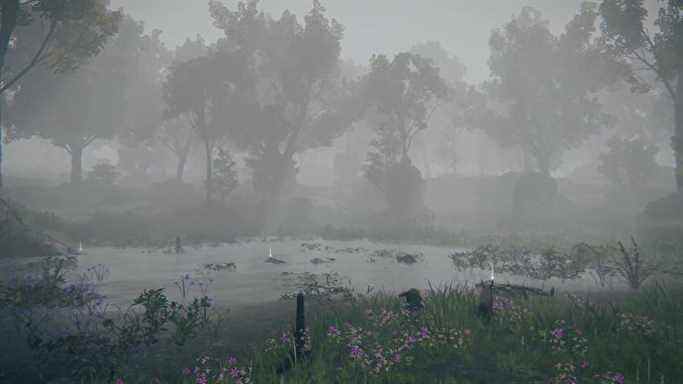 Une capture d'écran d'Elden Ring qui montre un marais brumeux parsemé de corps, tandis qu'une silhouette d'ours massif se cache au loin.