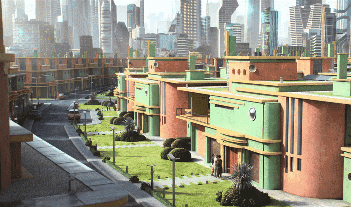 Une rue de banlieue futuriste, avec des gratte-ciel en arrière-plan