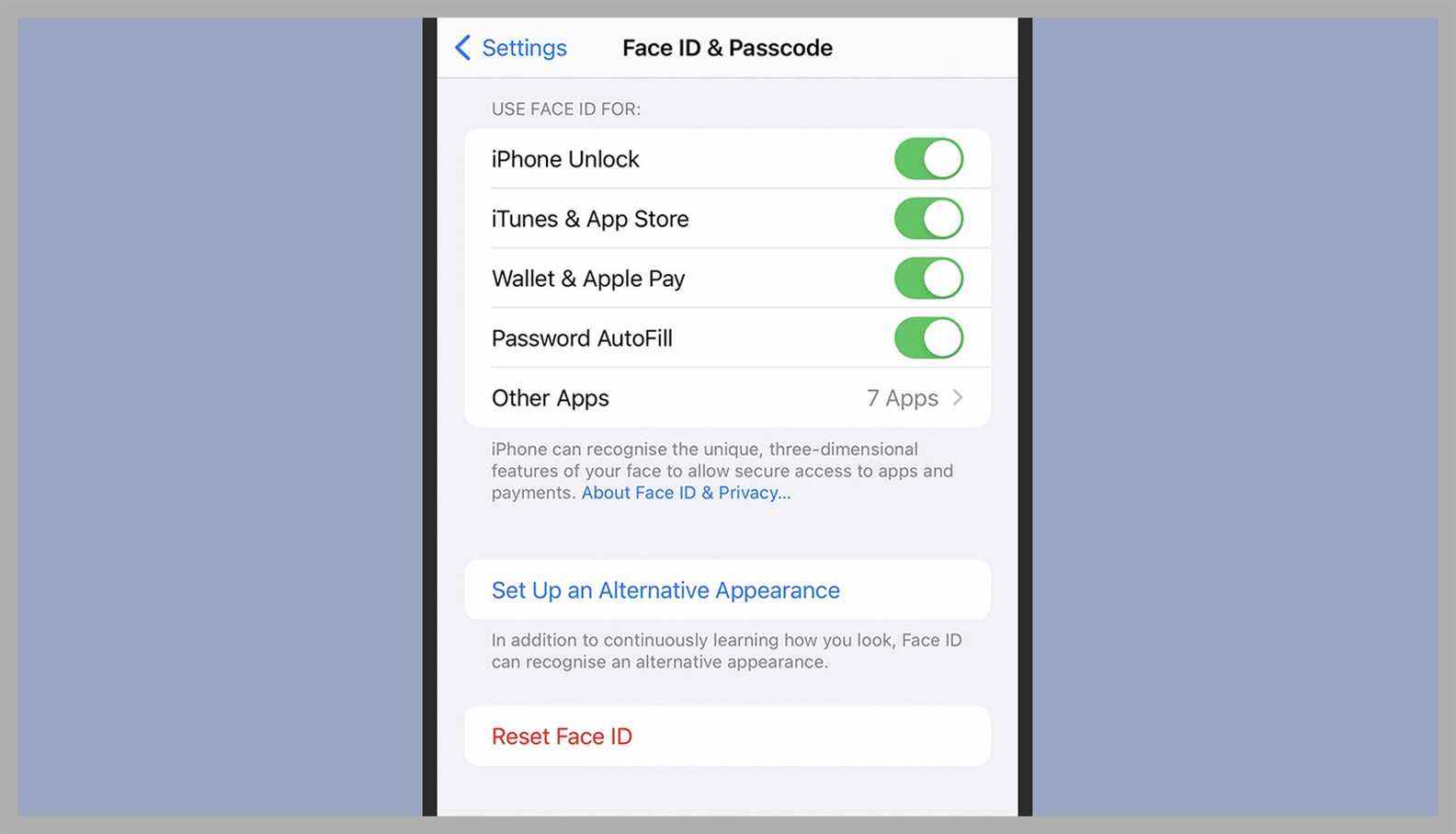 Capture d'écran du menu des paramètres iOS Face ID et Passcode