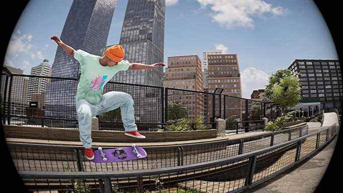 Un skater saute de sa planche dans un rail en milieu urbain dans Session