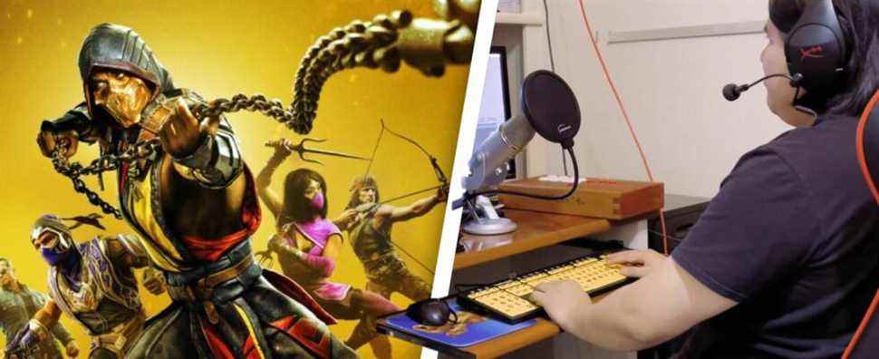 Left: An image of Mortal Kombat 11, featuring Scorpion using his spear move. Right: a streamer plays video games at a PC
