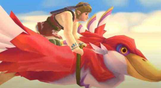 Link riding on his red Loftwing in a The Legend of Zelda: Skyward Sword cutscene