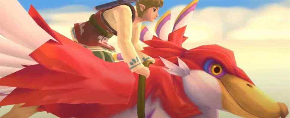 Link riding on his red Loftwing in a The Legend of Zelda: Skyward Sword cutscene