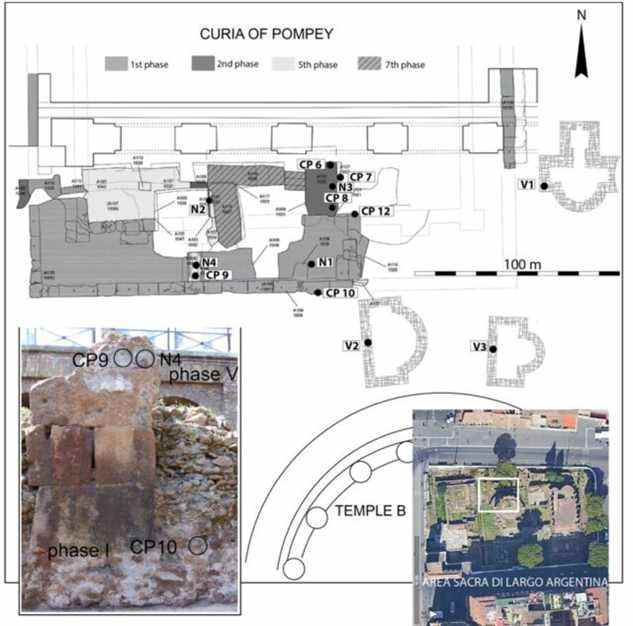 Plan à l'échelle de la zone sacrée du Largo Argentina montrant le relevé archéologique de la Curie de Pompée et de trois bassins.