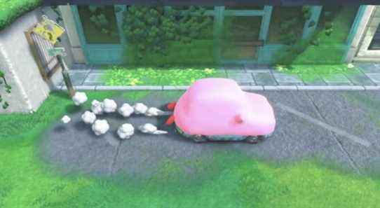 Kirby using the Car Mouthful Mode in Kirby and the Forgotten Land