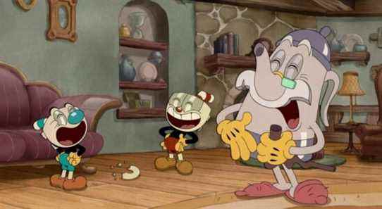 The Cuphead Show! (L to R) Frank Todaro as Mugman, Tru Valentino as Cuphead and Joe Hanna as Elder Kettle in The Cuphead Show! Cr. COURTESY OF NETFLIX © 2022