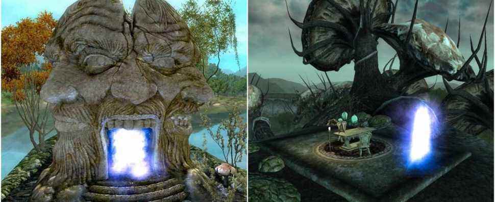 The door (left) that leads to the Shivering Isles in Oblivion (right)