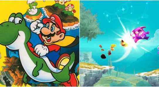 (Left) Mario on Yoshi (Right) Rayman kicking an enemy