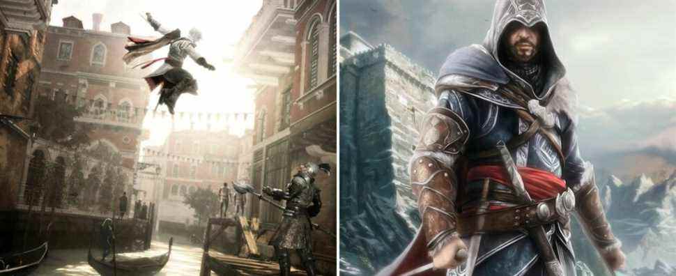 left: young Ezio jumping over Venice canal; right: old Ezio standing by mountains