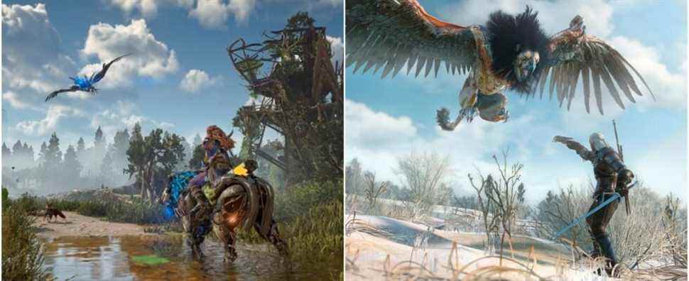 (Left) Aloy riding acorss shallow water (Right) Geralt fighting a Griffin