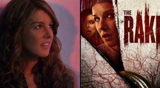 Split image of The Rake poster and Shenae Grimes-Beech looking scared in The Rake