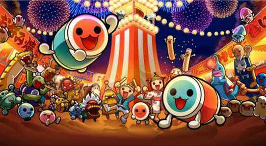 All of the characters from Taiko no Tatsujin pose at a festival.