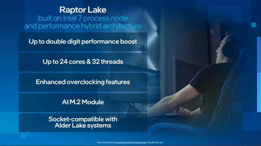 Une diapositive tirée de l'événement Intel Investor Meeting 2022, détaillant certaines des principales spécifications des processeurs Raptor Lake