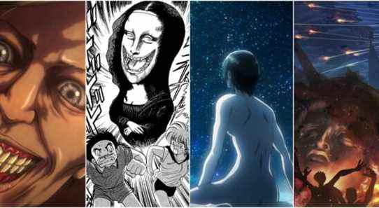 Attack on Titan influences split image large menacing grinning face, two manga characters running from a laughing figure, an anime character looking up at the starry sky and characters waving arms as a statue is eemingly struck by flaming projectiles