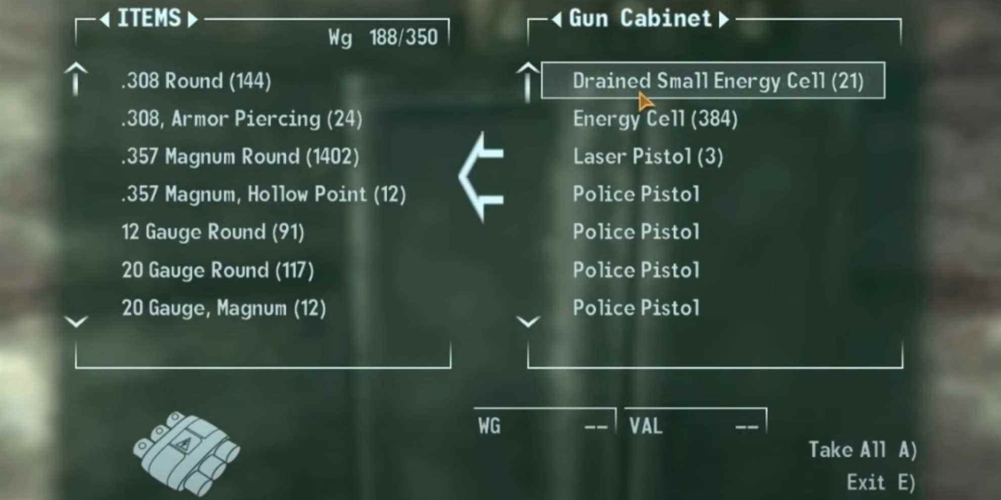 Fallout New Vegas Armes et munitions à l'intérieur d'une armoire