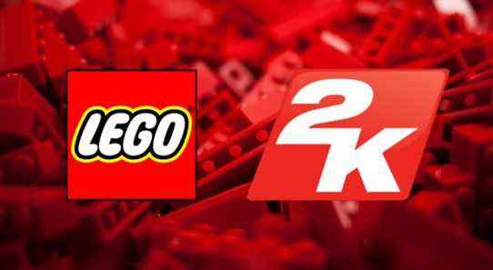 A lego and a 2K logo on a background of red Lego bricks